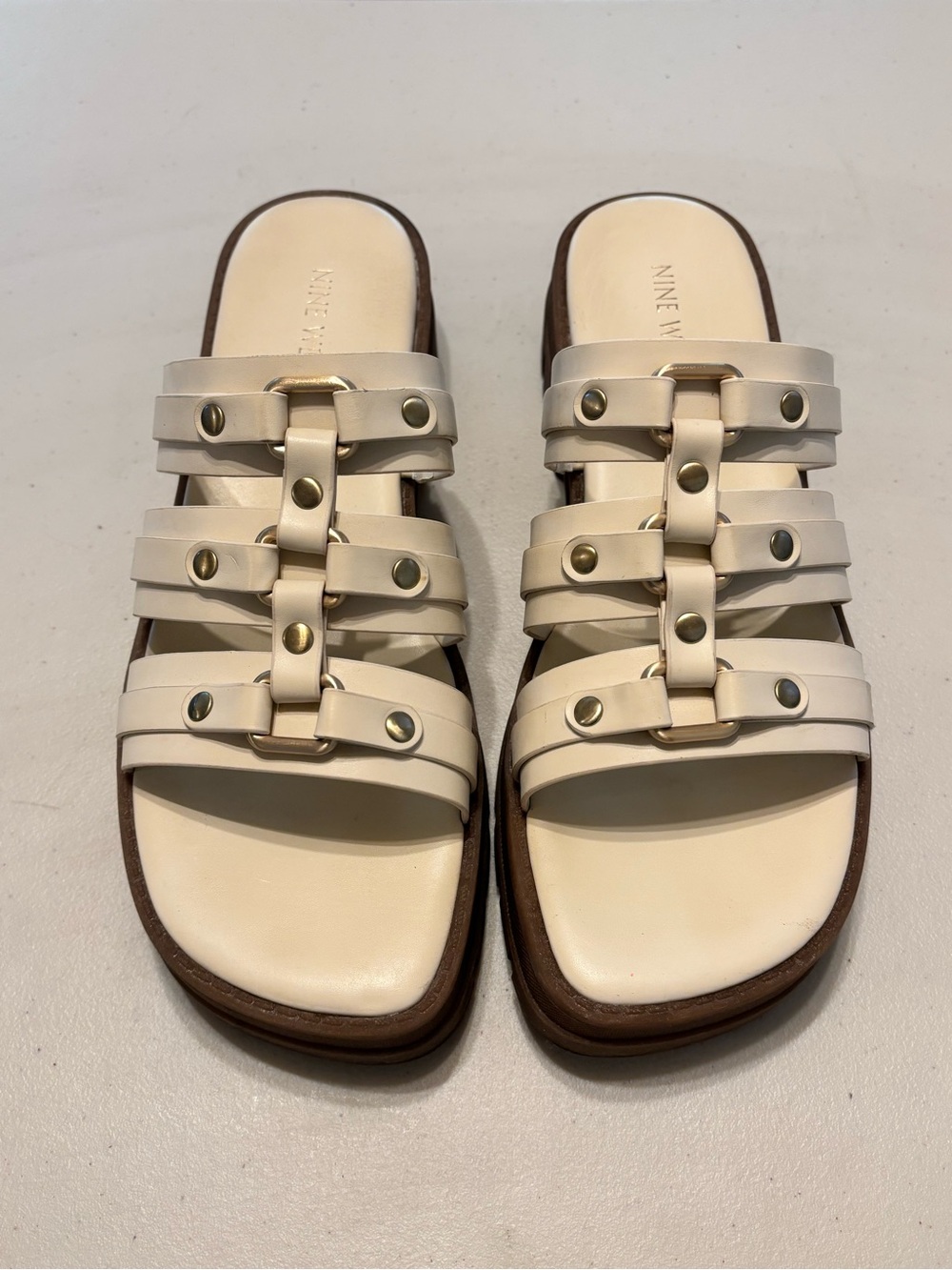 Nine West Cream Leather Multi-Strap Slide Sandals 11